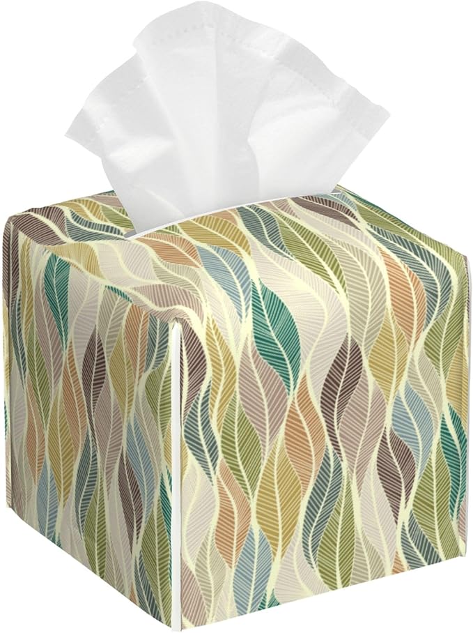 BLYKVGHQ Colorful Wavy Lines Square Tissue Box Cover Abstract Leaves Tissue Box Holder Facial Cube Paper Dispenser Leather Decorative Organizer Home Office Desk Decor, 5.2"x5.2"x5.2"
