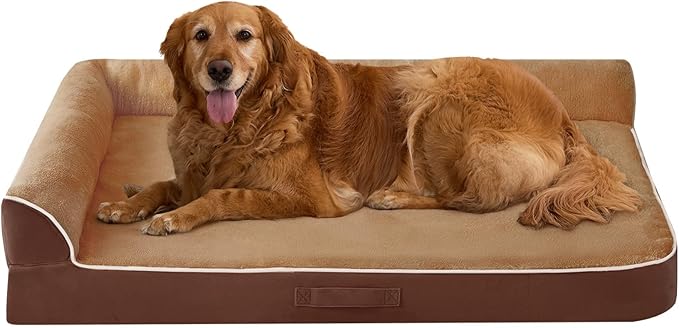 Aeroluxe Dog Bed Large Sized Dogs, XXL Orthopedic Dog Bed for Large Dogs, Waterproof Pet Bed with Washable Removable Cover, L-Shaped Pet Couch with Portable Handle 48"x35"x7.5", Brown
