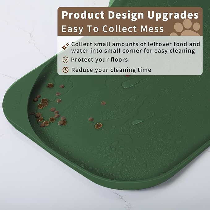 Smilool Silicone Pet Food Mat with Raised Edge for Food and Water Bowl, Dog Feeding Mats, Cat Food Trays for Floor Waterproof, Rubber Tray for Dogs and Cats, 17 x 12 x 0.7 Dark Olive