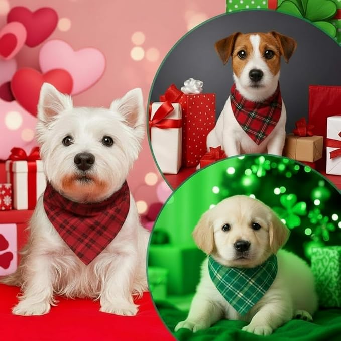 Abbylike 50 Pcs Valentine's & St. Patrick's Day Dog Bandanas Bulk Red & Green Plaid Bandanas for Dogs Triangle Kerchief Bib Scarf for Pet Holiday Costume Photo Props Accessories (19.7 x 13.8 x 13.8)