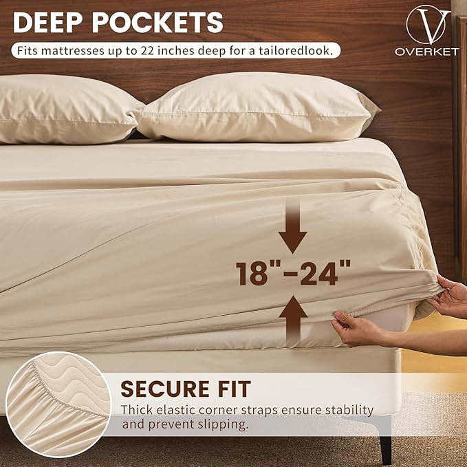 100% Linen Sheet Set Cal King Size Extra Deep Pocket Fits 18-24 Inch Mattress, Breathable & Soft, Smooth 4-Piece Set for Thick Mattresses Hotel Luxury Bedding（Cal King, Linen）