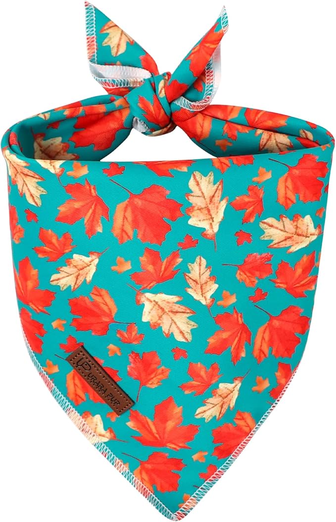 UP URARA PUP Fall Dog Bandana – Green Maple Leaf Triangle Scarf for Small Medium Large Dogs, Soft Cotton Pet Bib for Autumn Thanksgiving, Adjustable Dog Kerchief for Seasonal Outings