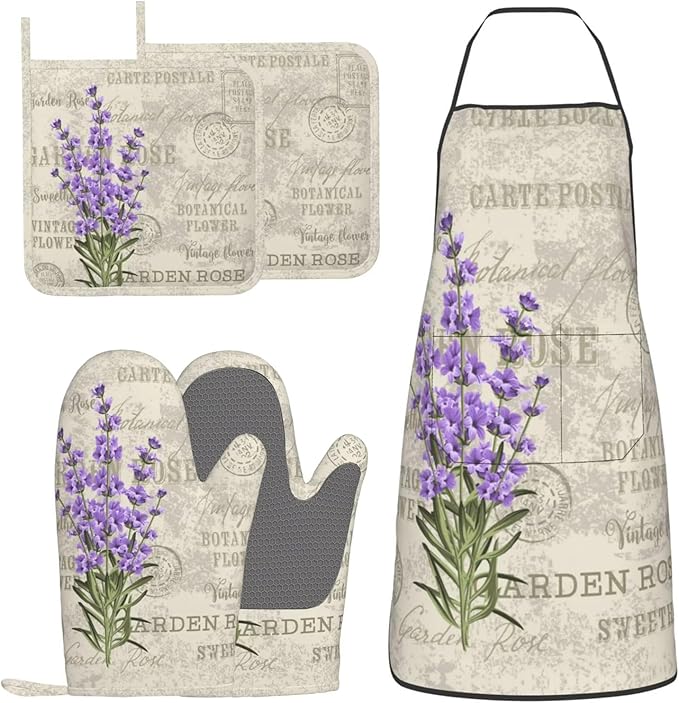 Lavender Flowers Elegant Postcard Vintage Oven Mitts and Pot Holders with Apron Set of 5 Silicone Kitchen Mitten and Non-Slip Potholders Apron Set Heat Resistant Oven Gloves Hot Pads Set