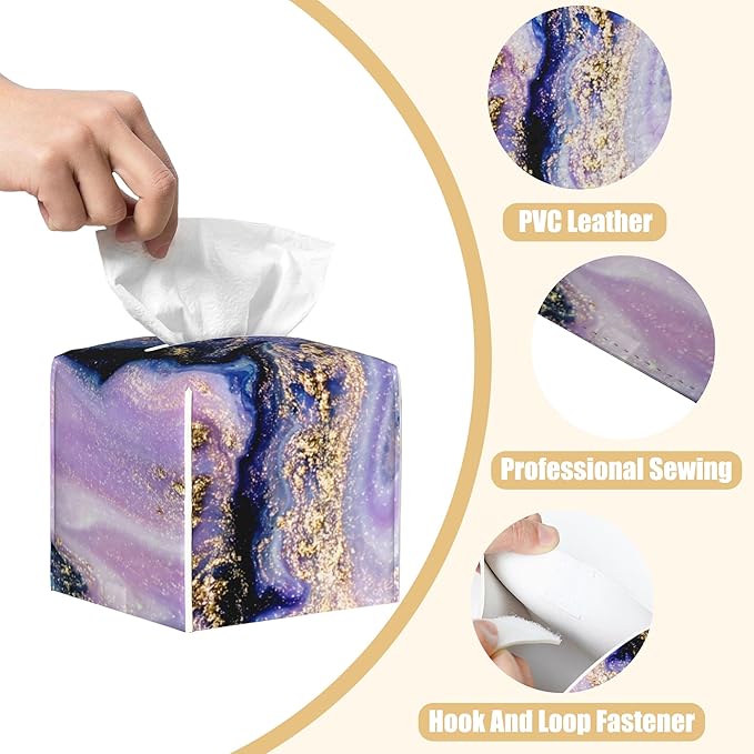 BLYKVGHQ Purple and Gold Marble Tissue Box Cover Square, Abstract Art Tissue Box Holder with Bottom Belt Leather Facial Paper Organizer Dispenser for Bathroom Bedroom Dresser Night Stand Tabletop