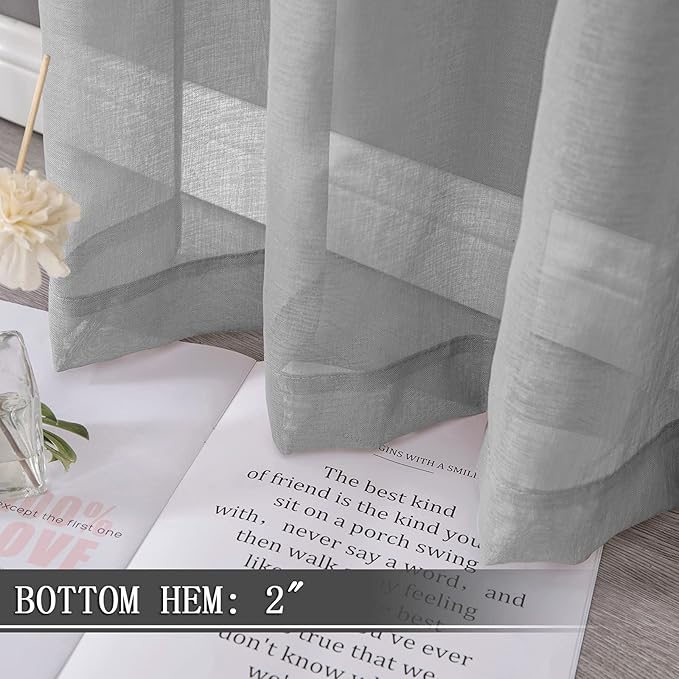 Tollpiz Short Sheer Curtain Linen Textured Bedroom Curtains Sheer Light Filtering Rod Pocket Voile Curtain for Living Room, 54 x 54 inches Long, Silver Grey, Set of 2 Panels