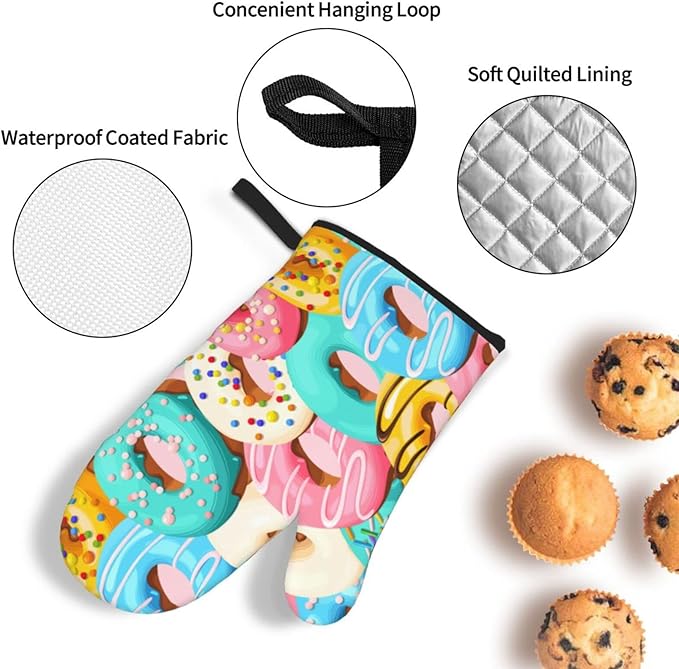 Cute Donut Doughnut Oven Mitts and Pot Holders Set of 4, Oven Mittens and Potholders Heat Resistant Gloves for Kitchen Cooking Baking Grilling BBQ