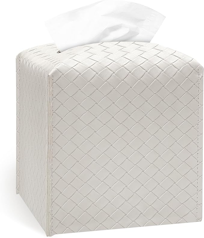 Tissue Box Cover Holder, PU Leather Tissue Box Cover with Braided Pattern, Square Tissue Holder with Bottom Belt, Modern Organizer for Bathroom, Car, Office, Tabletop(Pearl White,12 Braided Patterns)