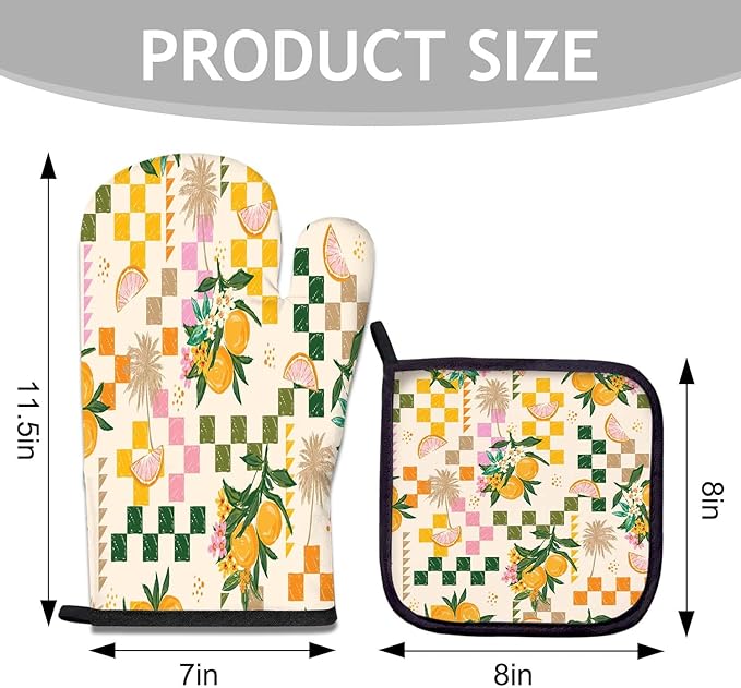 Summer Oven Mitts and Pot Holders Set, Lemon Orange Heat Resistant Oven Gloves - Comfortable and Easy to Clean - Perfect Kitchen Accessories for Durability and Style