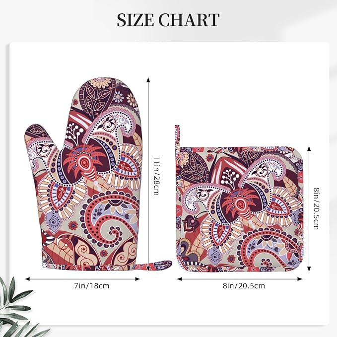 Purple Boho Flower Oven Mitts and Pot Holders Sets, Home Silicone Heat Resistant BBQ Gloves for Kitchen Baking Cooking Grilling Microwave