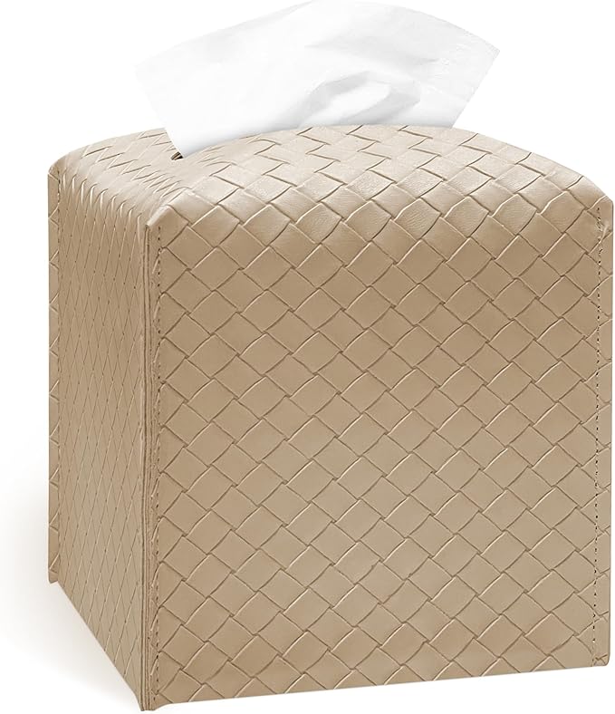 Tissue Box Cover Holder, PU Leather Tissue Box Cover with Braided Pattern, Square Tissue Holder with Bottom Belt, Modern Organizer for Bathroom, Car, Office,(Wood Grain Apricot, 12 Braided Patterns)