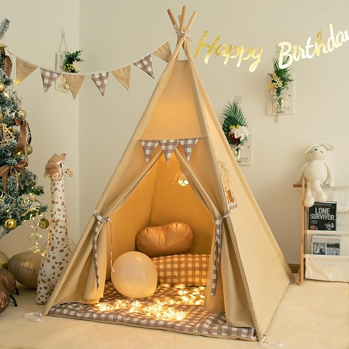 TreeBud Teepee Tent with Padded Mat Bunting Banner Fairy Lights - Print Gingham Kids Play Tent with Carry Bay for Indoor and Outdoor, Play House Toys for Toddler, Boys and Girls