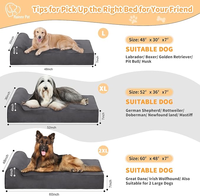 Rainmr Orthopedic Dog Beds for Large Dogs, 7" Memory Foam Dog Beds with Waterproof Liner, Durable Microsuede Cover, Removable and Washable, Nonskid Bottom, 52"x36"x7" XL Grey