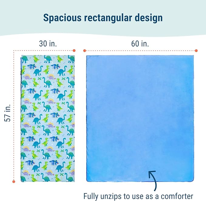 Wildkin Kids Sleeping Bag – Roll-Up Design with Storage Bag for School, Travel & Camping - Dinosaur Land