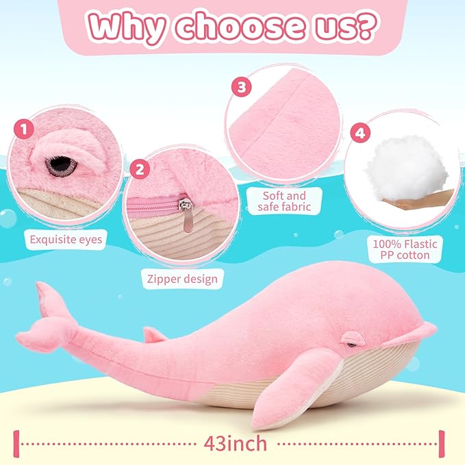 Tezituor 43.3 inch Giant Whale Stuffed Animals, Hugging Soft Pink Whale Plush Body Pillow for Girls Women, 4ft Life-Size Ocean Sealife Plush Gift for Christmas Birthday