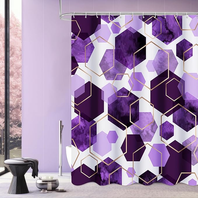 Litabel Modern Extra Long Shower Curtain for Bathroom, Purple Geometric Art Decor Waterproof Bath Curtain, Abstract Fabric Shower Curtain Sets for Home Decor, 72x84 Inch