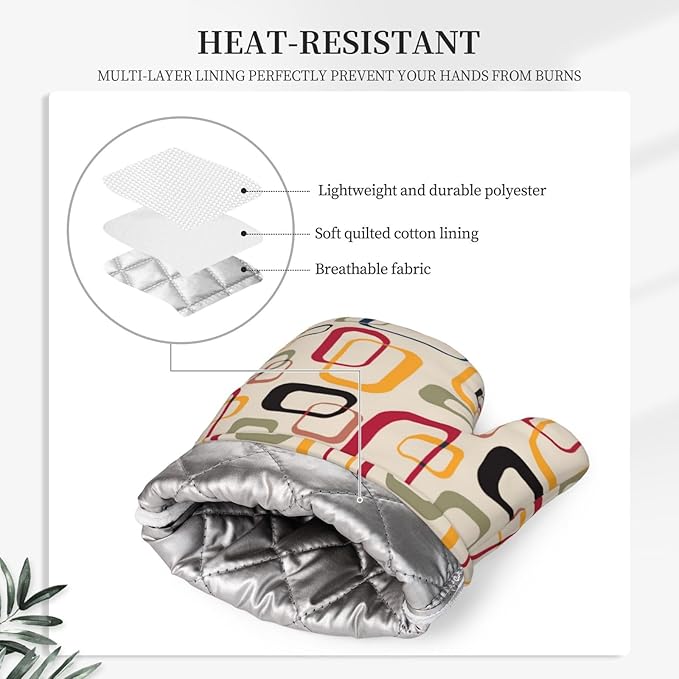 Mid Century Modern Retro Oven Mitts and Pot Holders Set of 4 Silicone Abstract Kitchen Mitten Gloves and Non-Slip Potholders Set Heat Resistant Oven Gloves Hot Holders for Kitchen