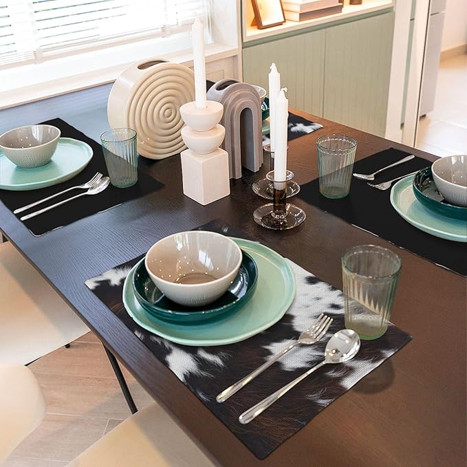 Vintage Cowhide Animal Placemats, Natural Rustic Farm Vintage Cow Animal Fur Texture Print Washable Fabric Placemats Table Kitchen Dining Party 12x18 Inch Set of 4