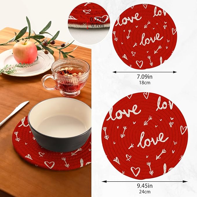 Valentine's Day Hearts Arrows Trivet Mat 2PCS Round Woven Potholders Kitchen Table Countertop Protector Hot Pads Farmhouse Coasters Counter Mats for Cooking Baking