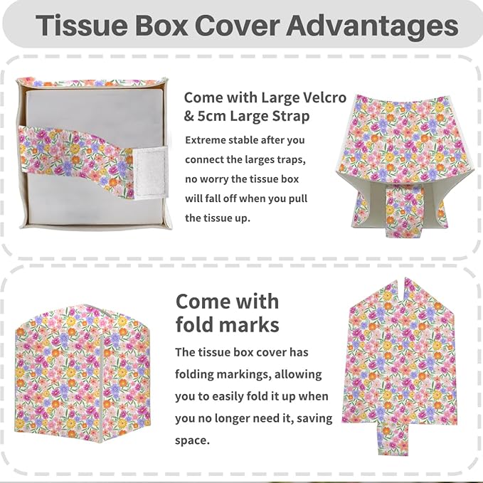 Tissue Box Cover, Tissue Box Holder, Square with Belt Bottom, PU Leather Decorative Organizer for Desk, Tabletop, Countertop Room, Toilet Car, Office, Dresser Bedside, Aesthetic Colorful Flower Decor