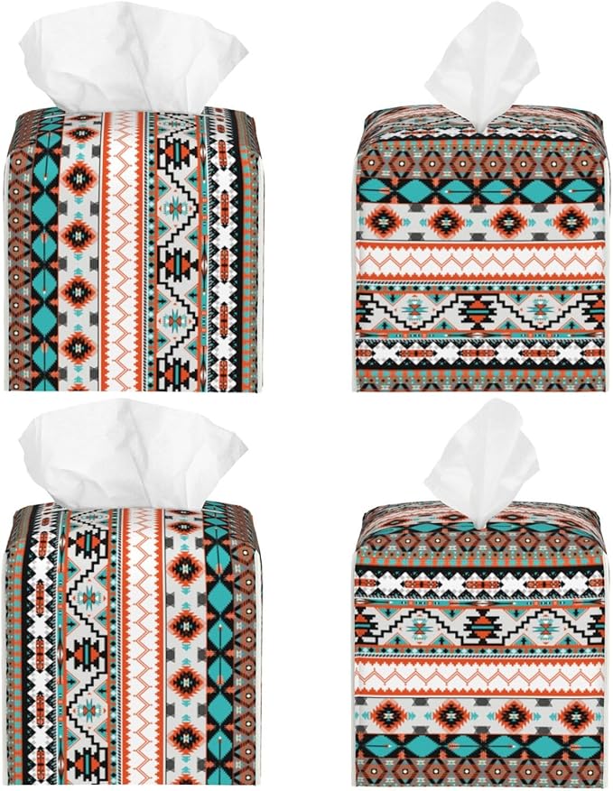 PVC Tissue Box Cover Holder,Aztec Square Decorative Organizer,5.2"X5.2"X5.2" Tissue Case for Bathroom, Tabletop, Car, Office