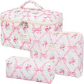 SXS LACONIC Quilted Makeup Bag,Large Cosmetics Bag Set,Cotton Coquette Floral Make up Pouch,Travel Toiletry Bag for Women