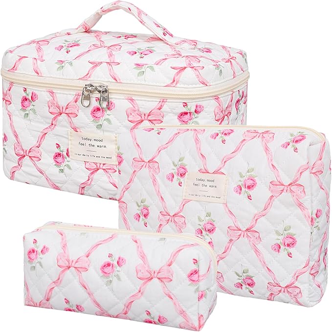 SXS LACONIC Quilted Makeup Bag,Large Cosmetics Bag Set,Cotton Coquette Floral Make up Pouch,Travel Toiletry Bag for Women