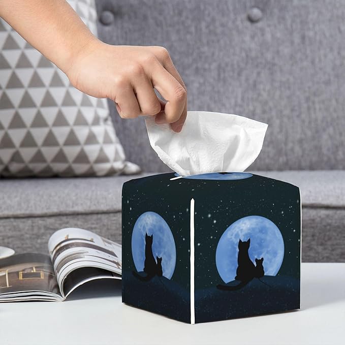 POIUBLE Leather Tissue Box Holder Cat Looking at The Moon Tissue Box Cover Square Waterproof Tissue Holder Organizer Modern Napkin Holder for Bedroom Dresser Night Stand Office Desk