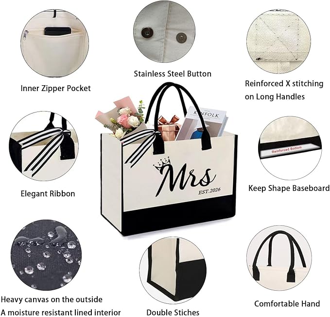 KDBDSYZB Mrs 2026 Bride Canvas Tote Bag, Gifts for Wedding BridalShower, mrs 2026 bag with Makeup Bag，Bachelorette Party, Bride to be Gifts, Miss to Mrs Bag,Christmas Personalized Bridesmaid Gift