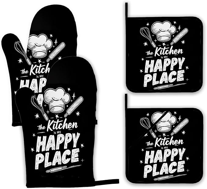 Funny Oven Mitts and Pot Holders Set,The Kitchen is My Happy Place Kitchen Decor Heat Resistant Non Slip Hot Pads and Oven Mitt for Chef Cooking Baking BBQ Mom Girl Gifts(4 Piece Set)