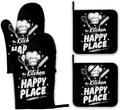Funny Oven Mitts and Pot Holders Set,The Kitchen is My Happy Place Kitchen Decor Heat Resistant Non Slip Hot Pads and Oven Mitt for Chef Cooking Baking BBQ Mom Girl Gifts(4 Piece Set)