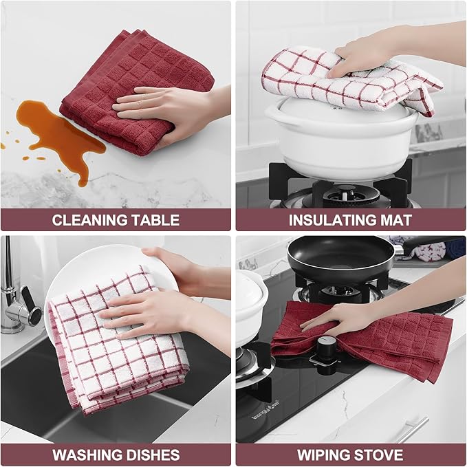 Homaxy Premium Cotton Kitchen Towels 16"x 28", Large Natural Ring Spun 390 GSM Dish Towels, Super Absorbent Terry Kitchen Hand Towels, Soft Tea Towels with Hanging Loop, Red Check Design,8 Pack