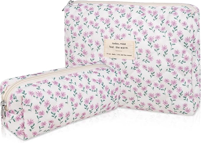 Gosect 2PC Makeup Bag Set, Cute Cosmetic Bag for Women Girls, Floral Coquette Aesthetic Toiletry Bag, Travel Make Up Organizer Bag (Purple Peacock Flower)