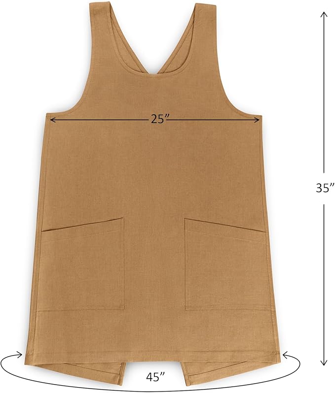 Solino Home Cross Back Linen Apron with Pockets for Gardening, Kitchen - Tobacco Brown Pinafore Smock Apron 100% Pure Linen for Men & Women - Handcrafted from European Flax