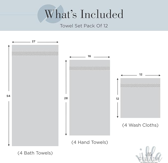 Villa Celestia 100% Cotton Bath Towel Set of 12-4 Bath Towels, 4 Hand Towels, 4 Wash Cloths, Sustainable, Soft, Highly Absorbent, Combed Cotton 12 Piece Set for Hotels, Spa, Bathroom, Dorm, Blue