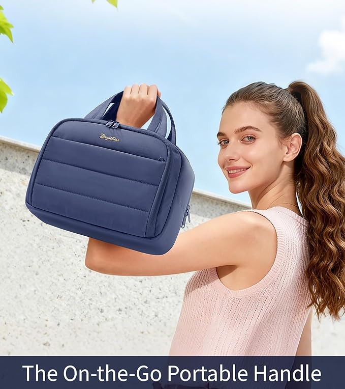 Bagstellar Travel Toiletry Bag, Lightweight Wide-open Large Puffy Toiletry Bag for Women, Quilted Makeup Bag Organizer Water-resistant Cosmetic Bag with Handle for Toiletries, Essentials, Accessories