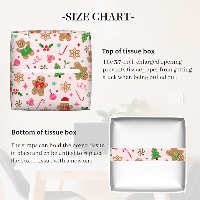 Tissue Box Cover, Christmas Gingerbread Cookies Pu Leather Square Tissue Box Cover Case Organizer Cube Box Holder for Bathroom Vanity Countertop, Night Stands, Office Desk & Car 5.2X5.2X5.2''