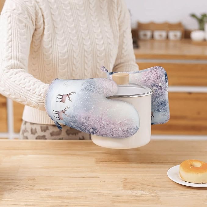 Oven Mitts Pot Holders Set Winter Deer Forest Christmas Silicone Kitchen Gloves Potholders Heat Resistant for Chef Baking Cooking Grilling BBQ 4 Pack Mitt