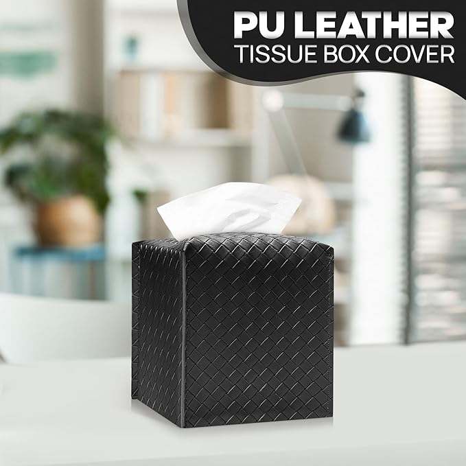 Tissue Box Cover Holder, PU Leather Tissue Box Cover with Braided Pattern, Square Tissue Holder with Bottom Belt, Modern Organizer for Bathroom, Car, Office, Tabletop(Black., 12 Braided Patterns)