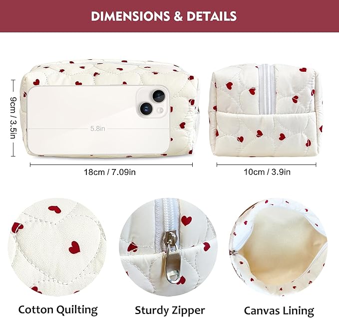 STARDW Cute Quilted Makeup Bag for Women, Large Capacity Travel Toiletry Bag with Zipper and Canvas Lining