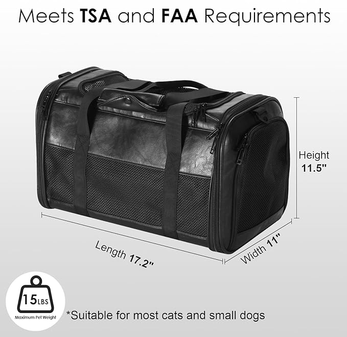 Monanller Fashion Leather Dog Carrier, Airline Approved Cat Carrier Soft Sided Pet Bag Carrier Purse for Puppy Kitten Small Animals Black