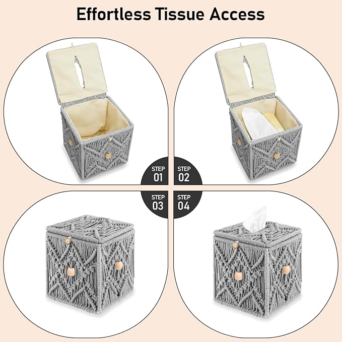 KaloKalo Handmade Tissue Box Cover Decorative Macrame Boho Square Tissue Holder Cotton Rope Woven Napkin Facial Paper Organizer Bohemian Desk Storage Container with Buckle Wood Beads (Grey)