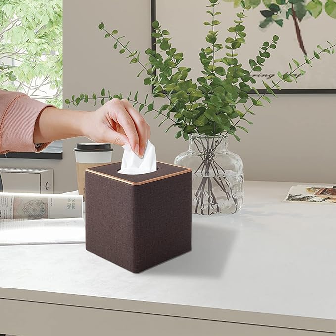 RHCSZ Linen Square Tissue Box Cover,Cube Tissue Box Holder－Excellent Rosegold Leather Decoration,Table Napkin Case Dispenser,Facial Tissues Organizer with Magnetic Bottom for Home Office Car(Coffee)