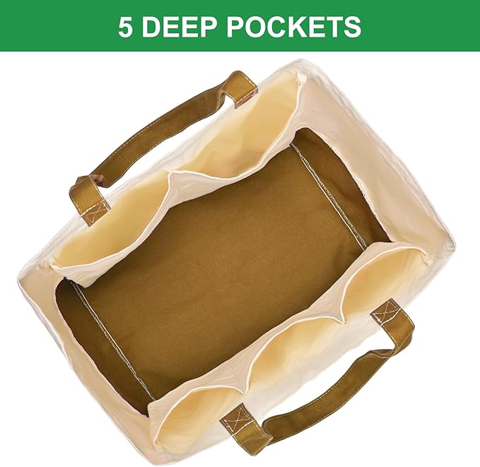 CNaiyunpin 3 Pack Canvas Reusable Grocery Bags Heavy Duty, 8.3 gal Foldable Large Tote Bag with Handles, Holds 60 lbs Canvas Shopping Bags & Washable Eco-friendly Bags with 5 Pockets, camel+Off white