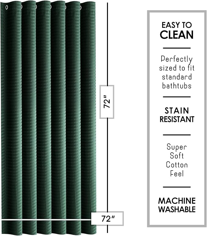 Clara Clark Hunter Green Shower Curtain - Hotel Quality Waffle Fabric Bath Curtain 72x72, Heavy Duty Waterproof Shower Curtains for Bathroom