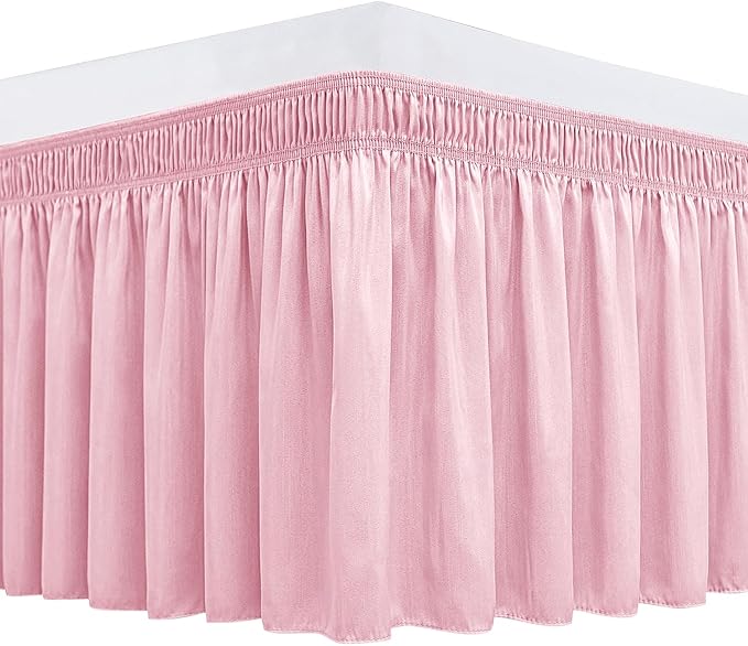 Biscaynebay Wrap Around Bed Skirts for Full & Full XL Beds 15" Drop, Pink Adjustable Elastic Dust Ruffles Easy Fit Wrinkle & Fade Resistant Silky Luxurious Fabric Machine Washable