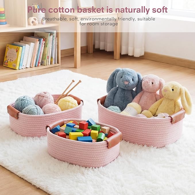 ECDYQXVU 5 Piece Storage Baskets Small Woven Basket with Detachable Leather Handle, Cotton Rope Shelf Baskets for Closet Organizers, Different Sizes Basket Decor, Light Pink