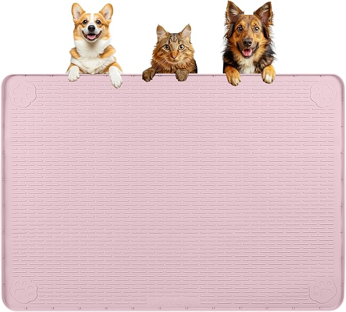 Bartuke Dog Food Mat, Extra Large 40" x 28" Silicone Pet Feeding Mat with Raised Edge Pet Placemat for Small, Medium, and Large Pets Non-Slip, Easy to Clean (Pink)
