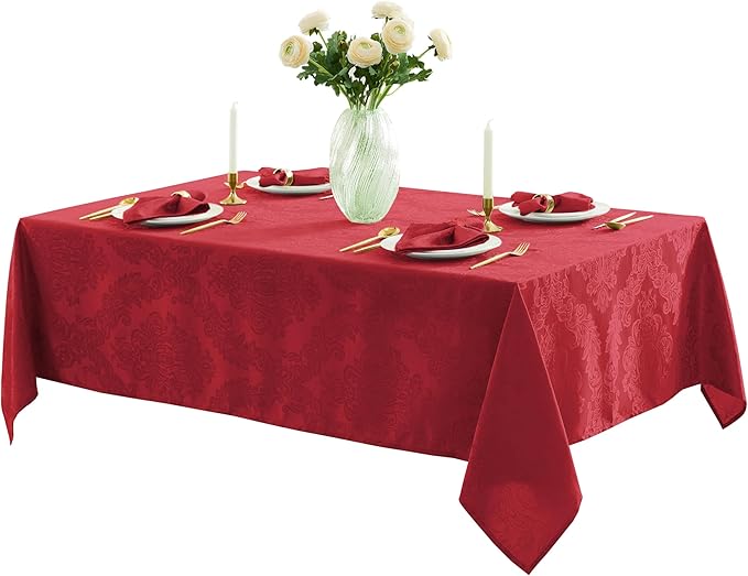 Newbridge Barcelona Damask Fabric Tablecloth, 52 x 52 Inch Square, Red – No Iron, Soil Resistant Table Cover for Dining, Parties and Holidays