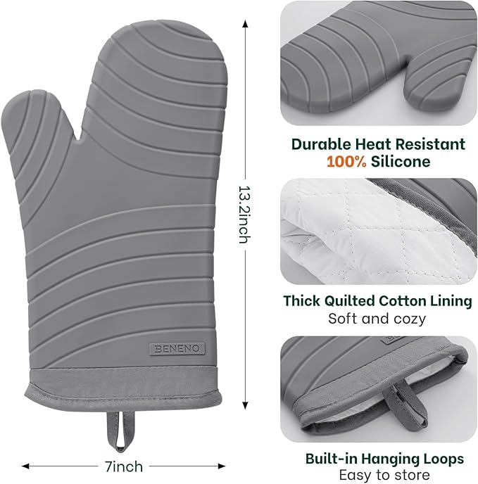 Beneno Heat Resistant Silicone Oven Mitts BPA-Free, Non-Slip Textured Grip & Quilted Cotton Lining, Waterproof Kitchen Mitt 2-Pack Set, 7"x13", Gray