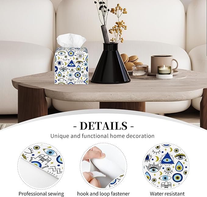 POIUBLE Tissue Box Holder Magic Evil Eye Tissue Box Cover Square Leather Tissue Holder Organizer Portable Decorative Facial Paper Case for Home Office Bathroom Vanity Countertop